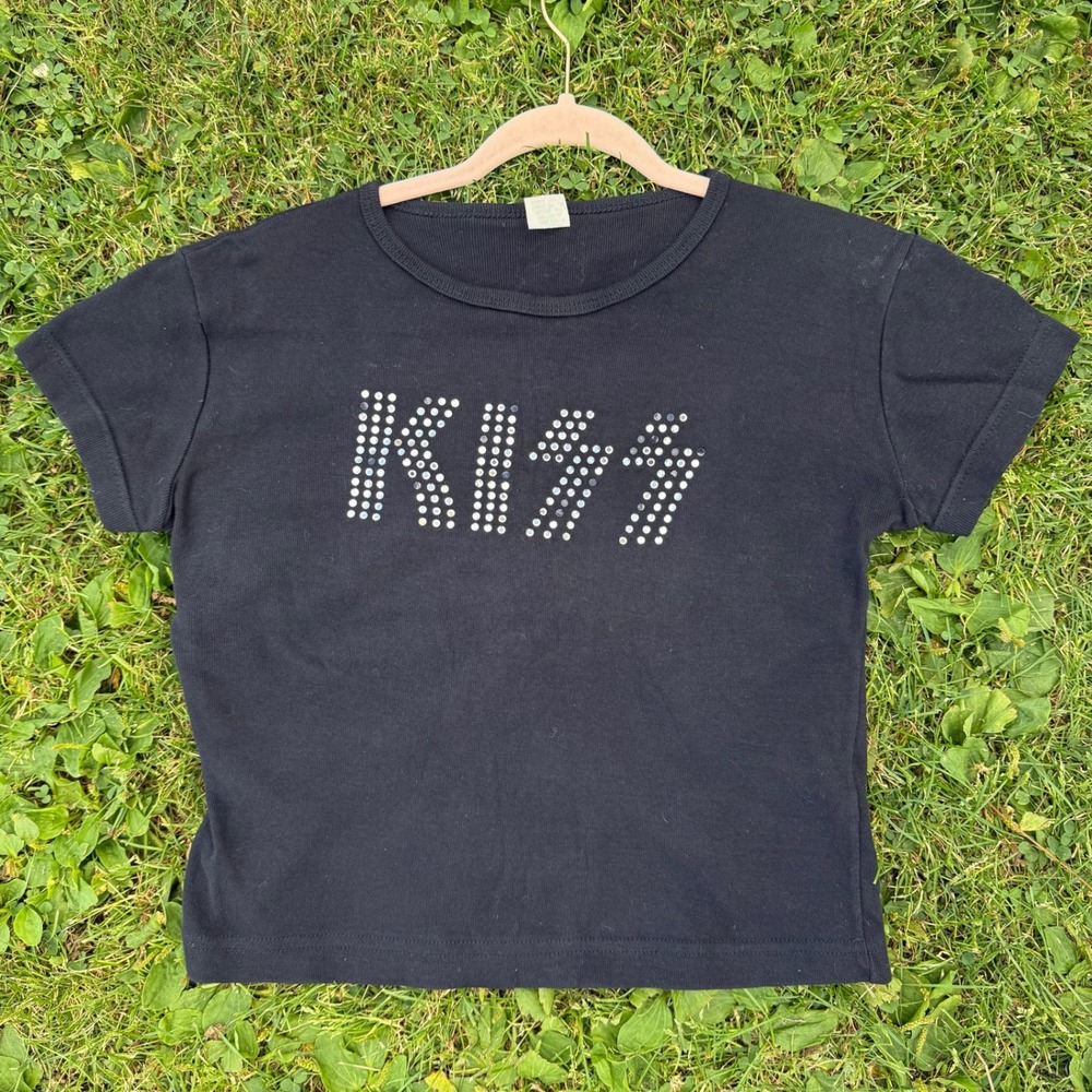 KISS Graphic T-Shirt Black Rhinestone Studded Logo Y2K Band Tee Made in USA